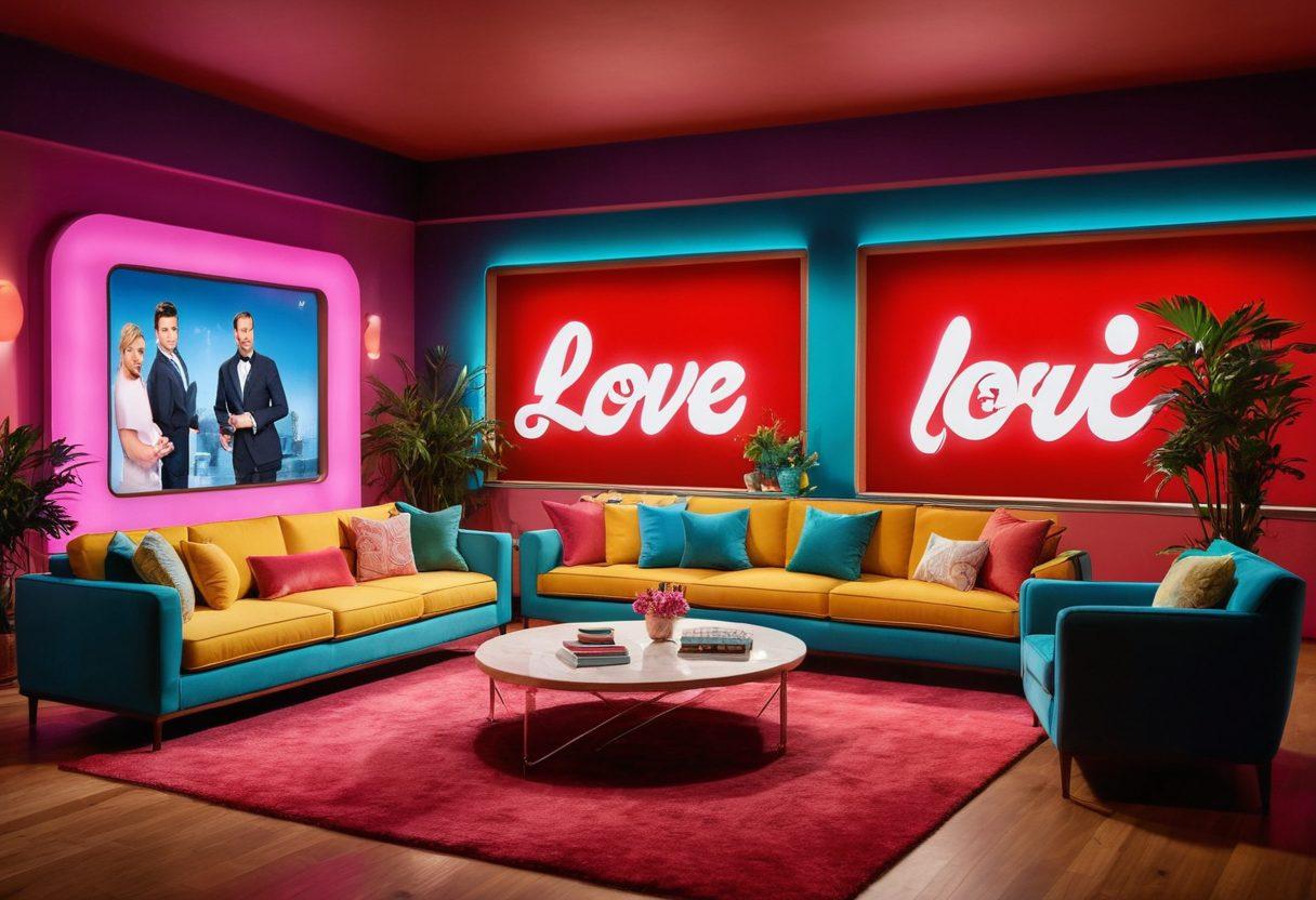 A dynamic split-screen showing a classic talk show set on one side with a host and guests engaged in lively discussion, and on the other side, a vibrant reality TV scene with couples in love competing in fun challenges. Include heart motifs, colorful lights, and engaging expressions. The background should be a gradient blending the two themes. super-realistic. vibrant colors.