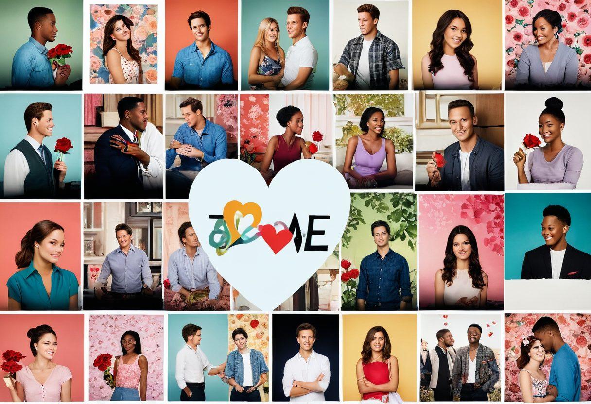 A vibrant collage showcasing iconic romantic moments from beloved TV shows, featuring diverse couples in heartwarming scenes, interspersed with symbols of love like hearts and roses. The background should reflect a soft, dreamy atmosphere with pastel colors. Add subtle elements representing different genres like comedy and drama. Hand-drawn style with a whimsical touch. 3D, vibrant colors.