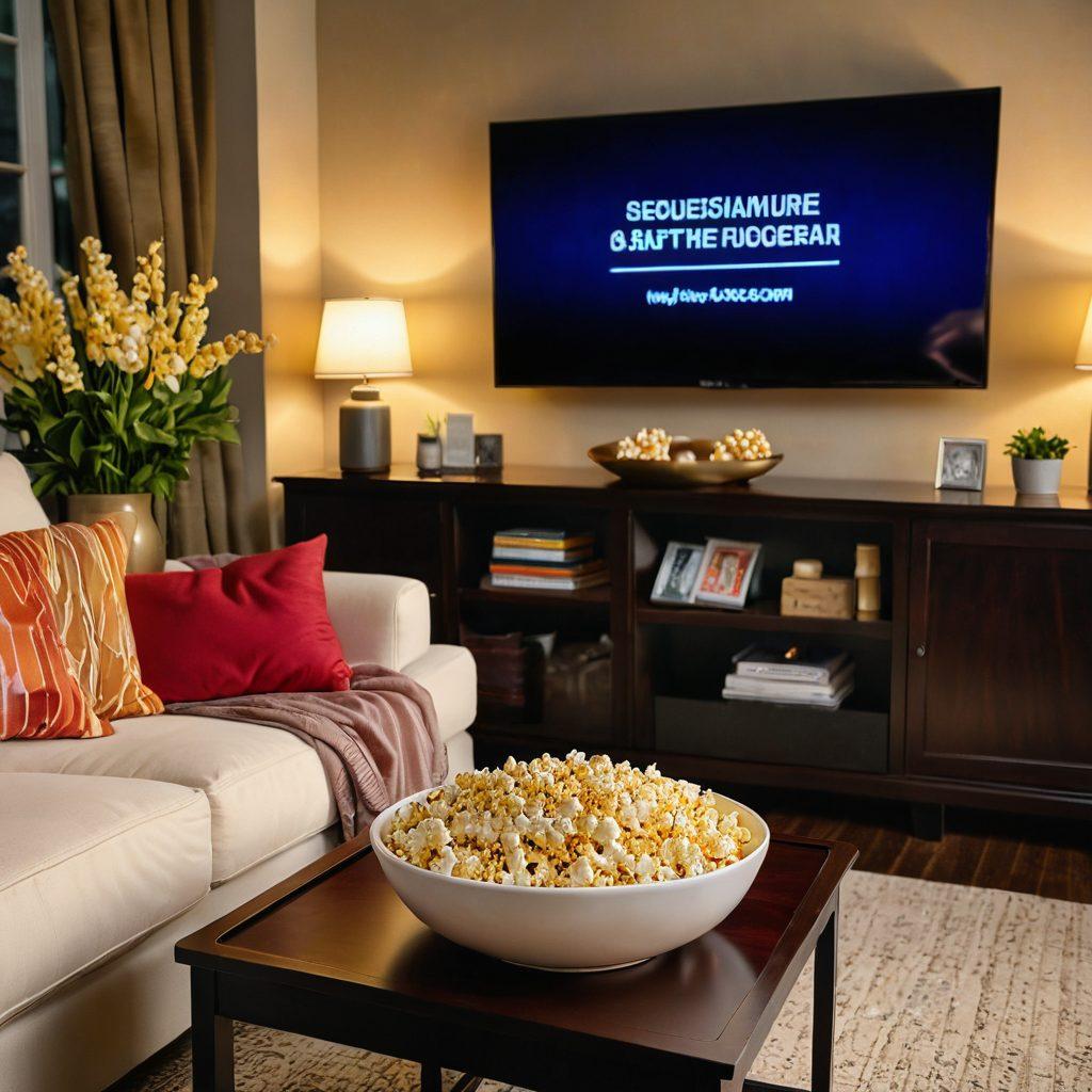A cozy living room scene with a comfortable sofa adorned with plush pillows, a large TV displaying a romantic movie, soft candlelight flickering on the side table, and a bowl of popcorn in the foreground. The atmosphere is warm and inviting, suggesting a perfect date night. super-realistic. vibrant colors. warm lighting.